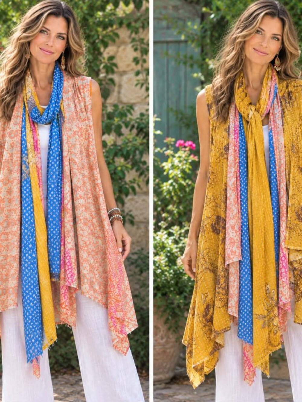 Women Handmade Fall Colors & Blue Kantha Vest & Reversible Scarf One Size